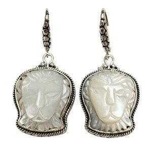 Sarda Sterling Silver Mother-of-Pearl Carved Lion Lever Back Earrings, Signed